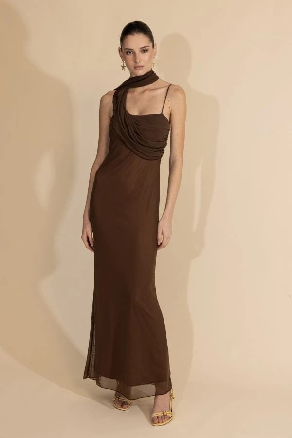 Be A Bee Calista maxi dress dark brown front view flowing silhouette