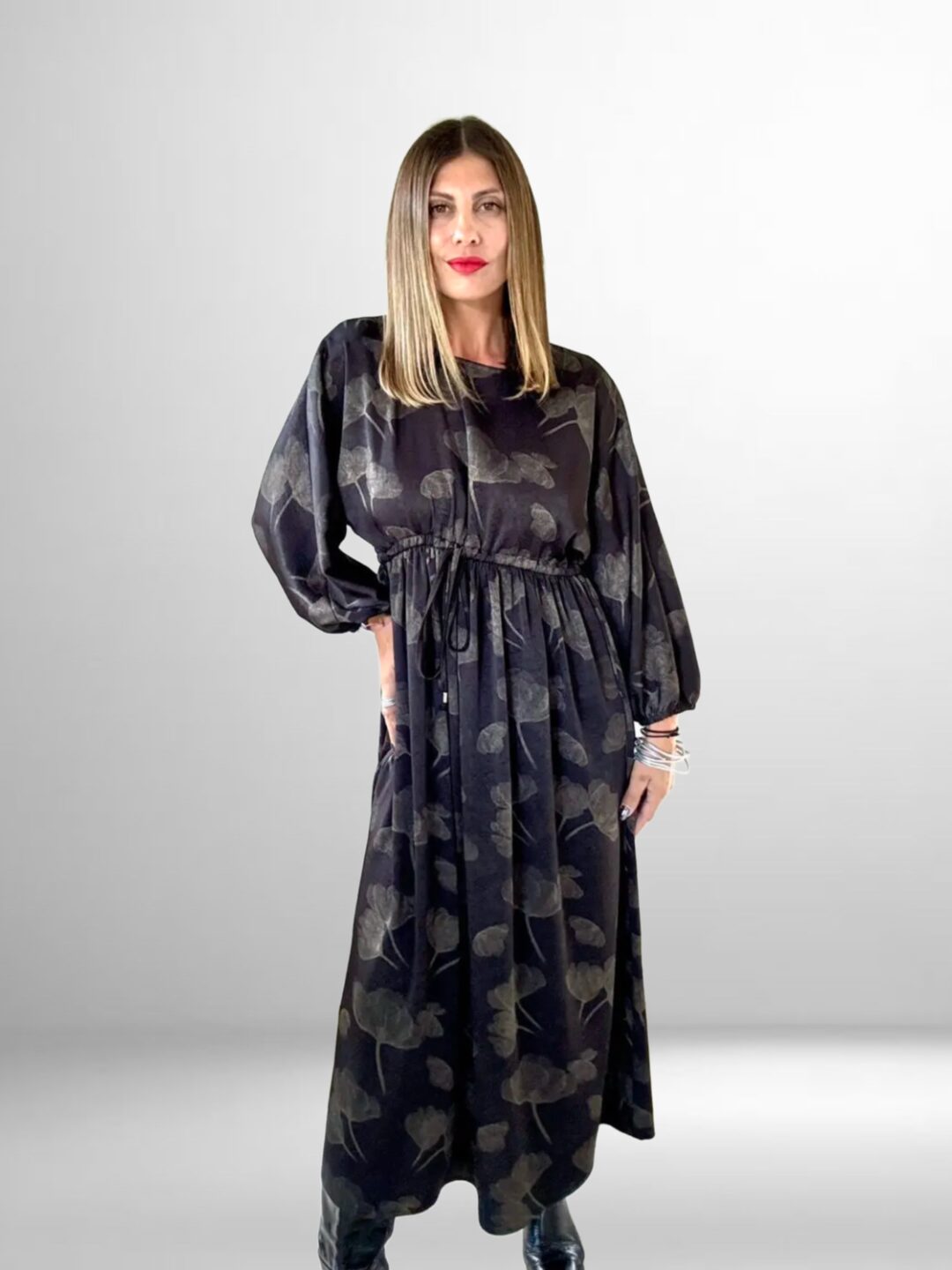 Innocent Midnight Bloom maxi dress front view tonal floral print