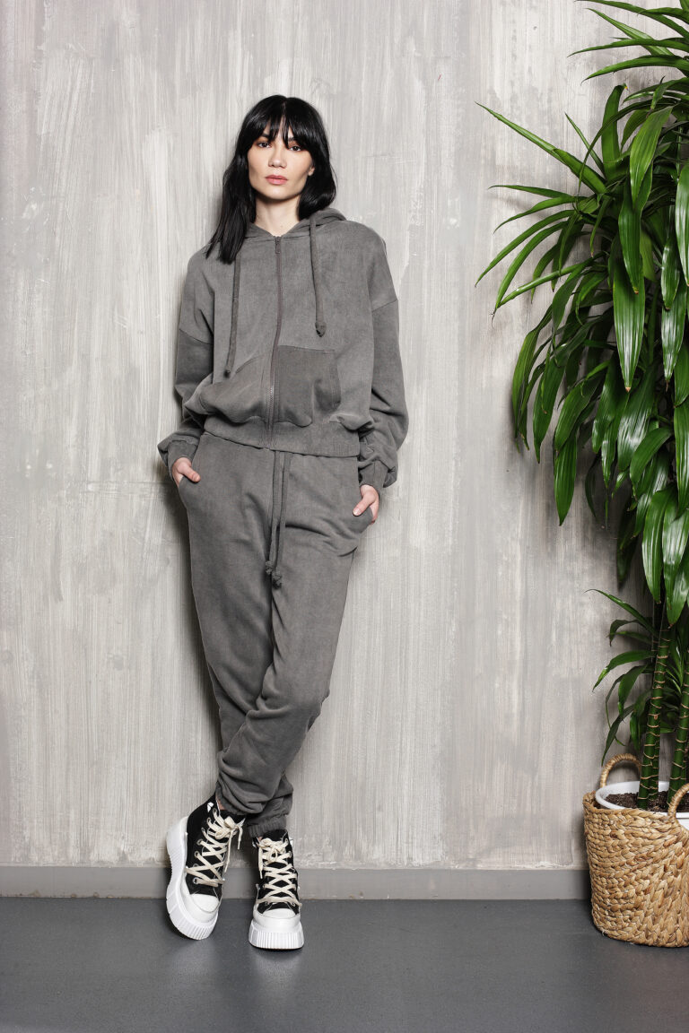 Penteli grey pants by Tag Modest Clothing with elastic waist and relaxed fit
