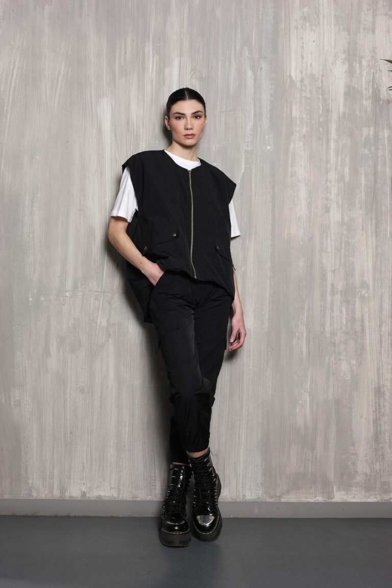 Black Dana vest with Boloni Pants by Tag Modest Clothing layered over white t shirt