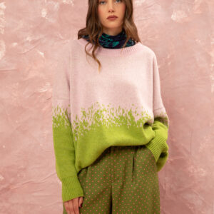 Πλεκτό ombre jumper σε ροζ και lime αποχρώσεις, λεπτομέρεια ύφανσης
