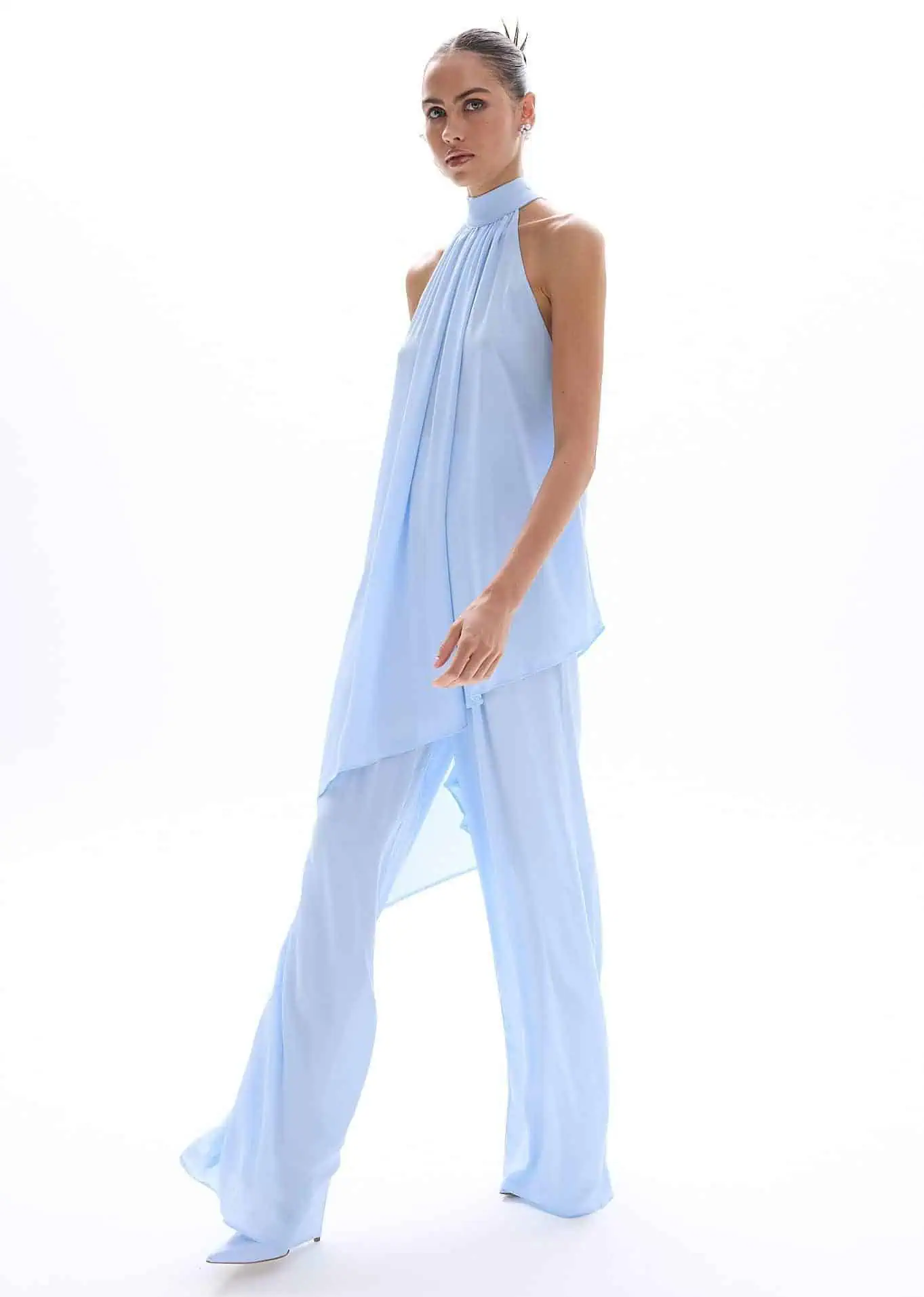 Wide-leg georgette Eleanor Pants σε ανοιχτό μπλε – μπροστινή όψη