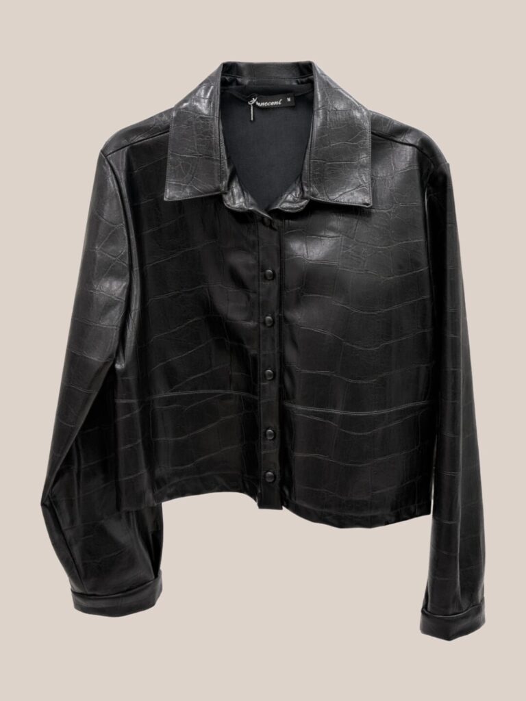 Μαύρο croco faux leather cropped πουκάμισο με τετράγωνη γραμμή και κουμπιά