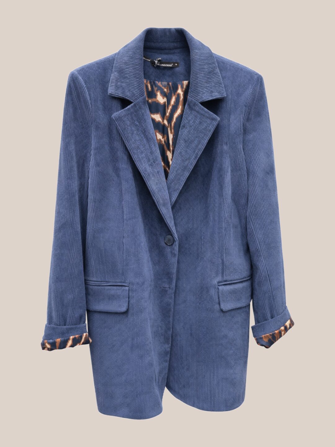 Blue corduroy long blazer with lapel collar