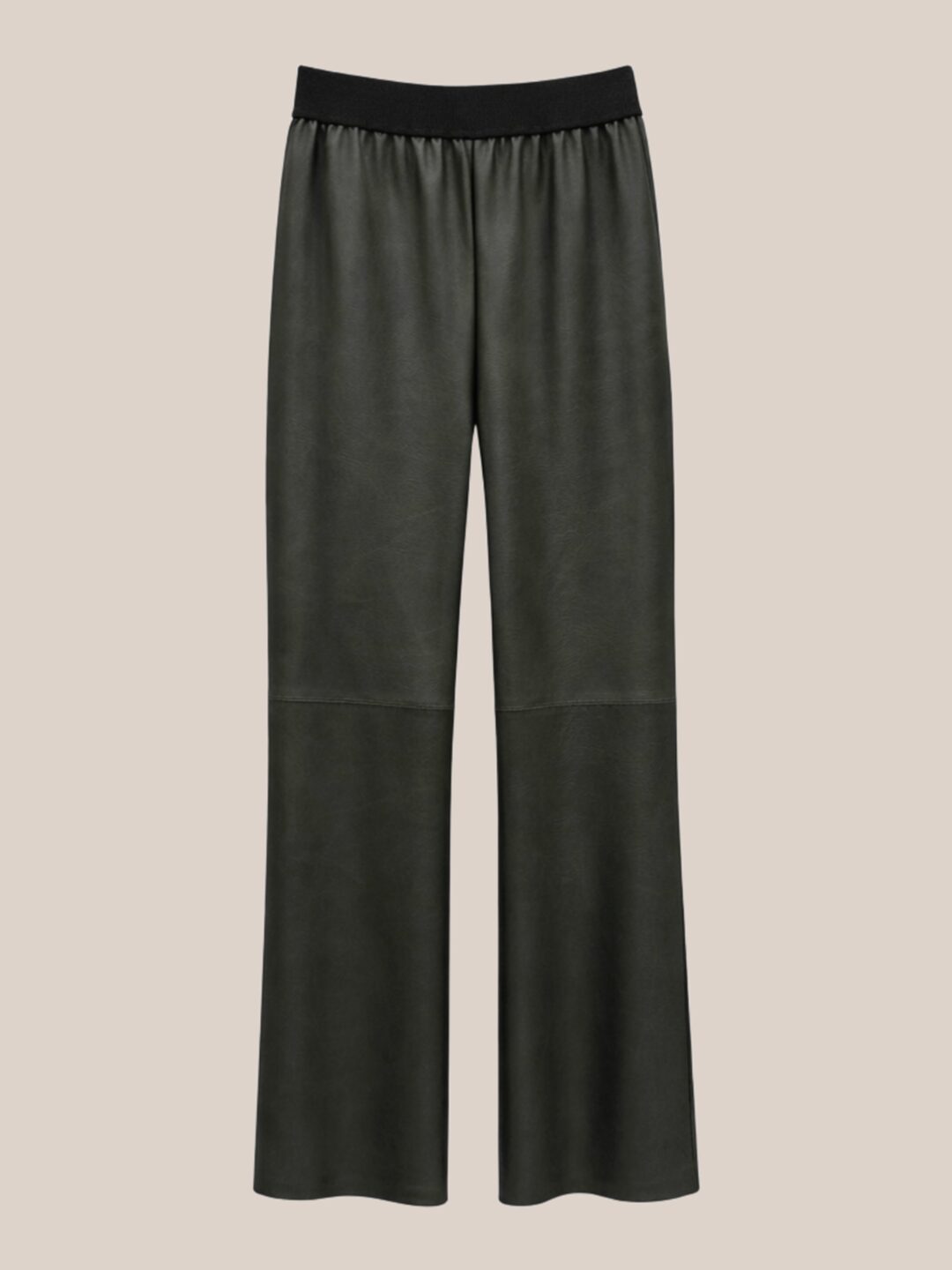 Dark green matte faux leather pants with elastic waistband