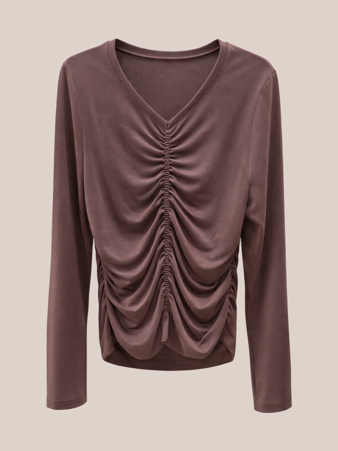 καφέ μακρυμάνικο τοπ Innocent με σούρα στο μπροστινό μέρος και V λαιμόκοψη