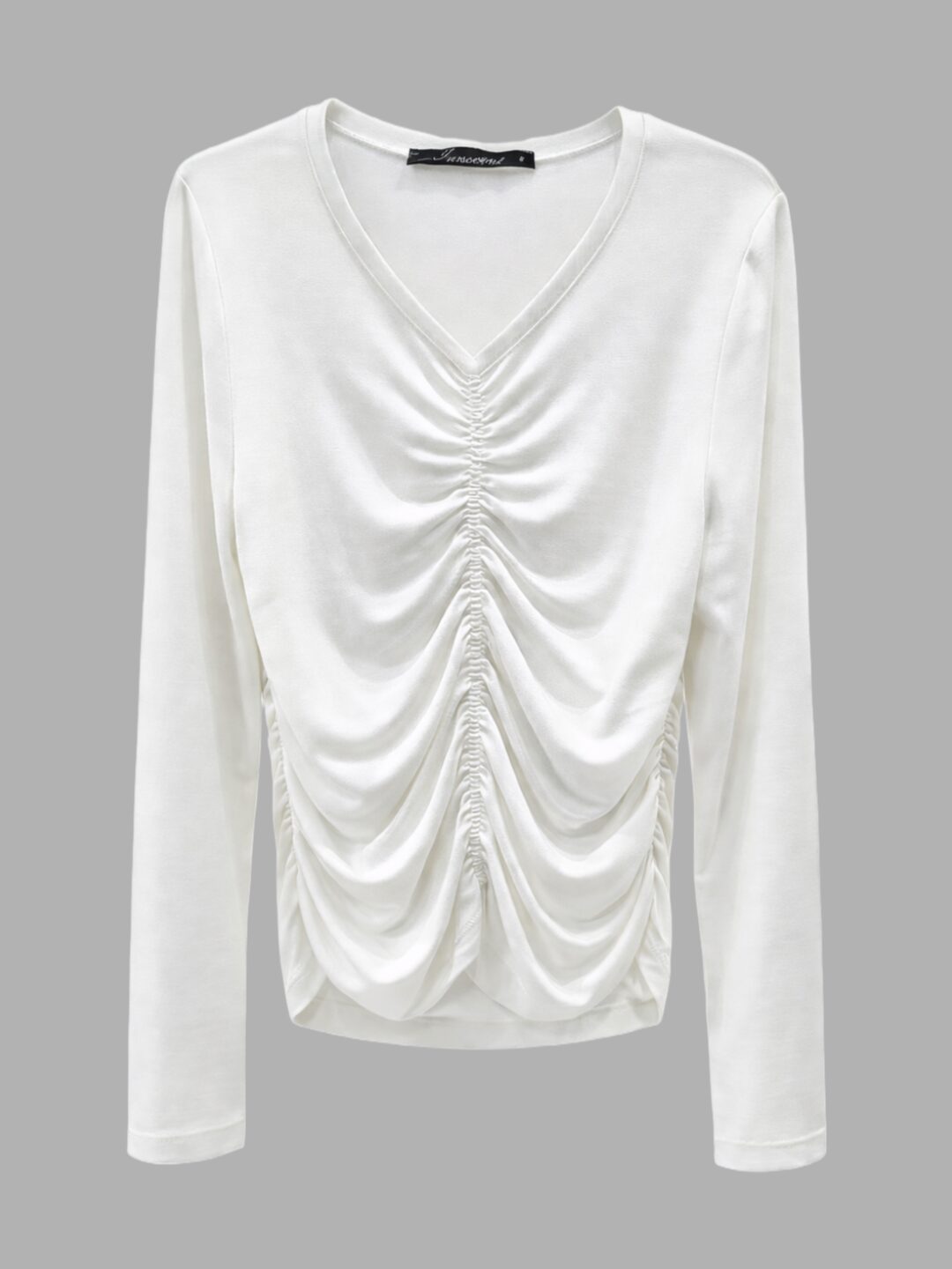 Λευκό μακρυμάνικο τοπ Innocent με σούρα στο μπροστινό μέρος και V λαιμόκοψη