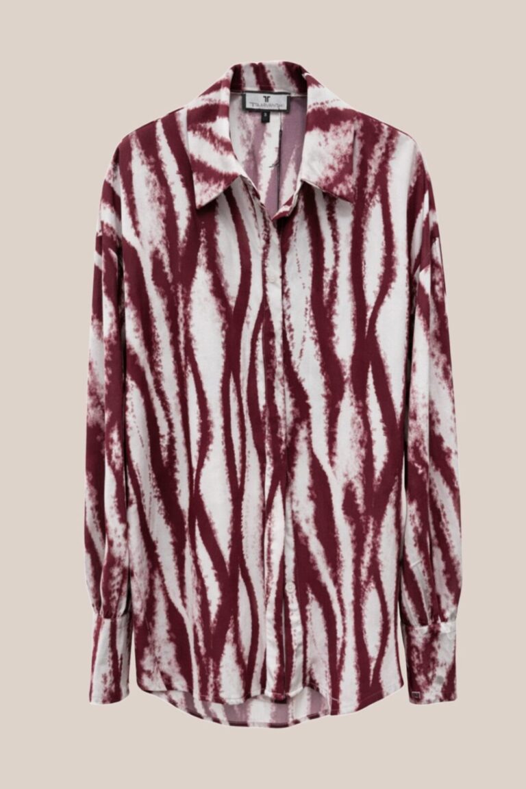 Teta Arvanitaki Twix Burgundy Shirt front view with abstract burgundy and white print