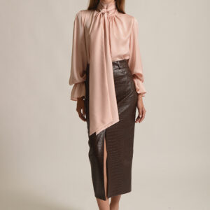 twenty29 satin tie neck blouse salmon front view