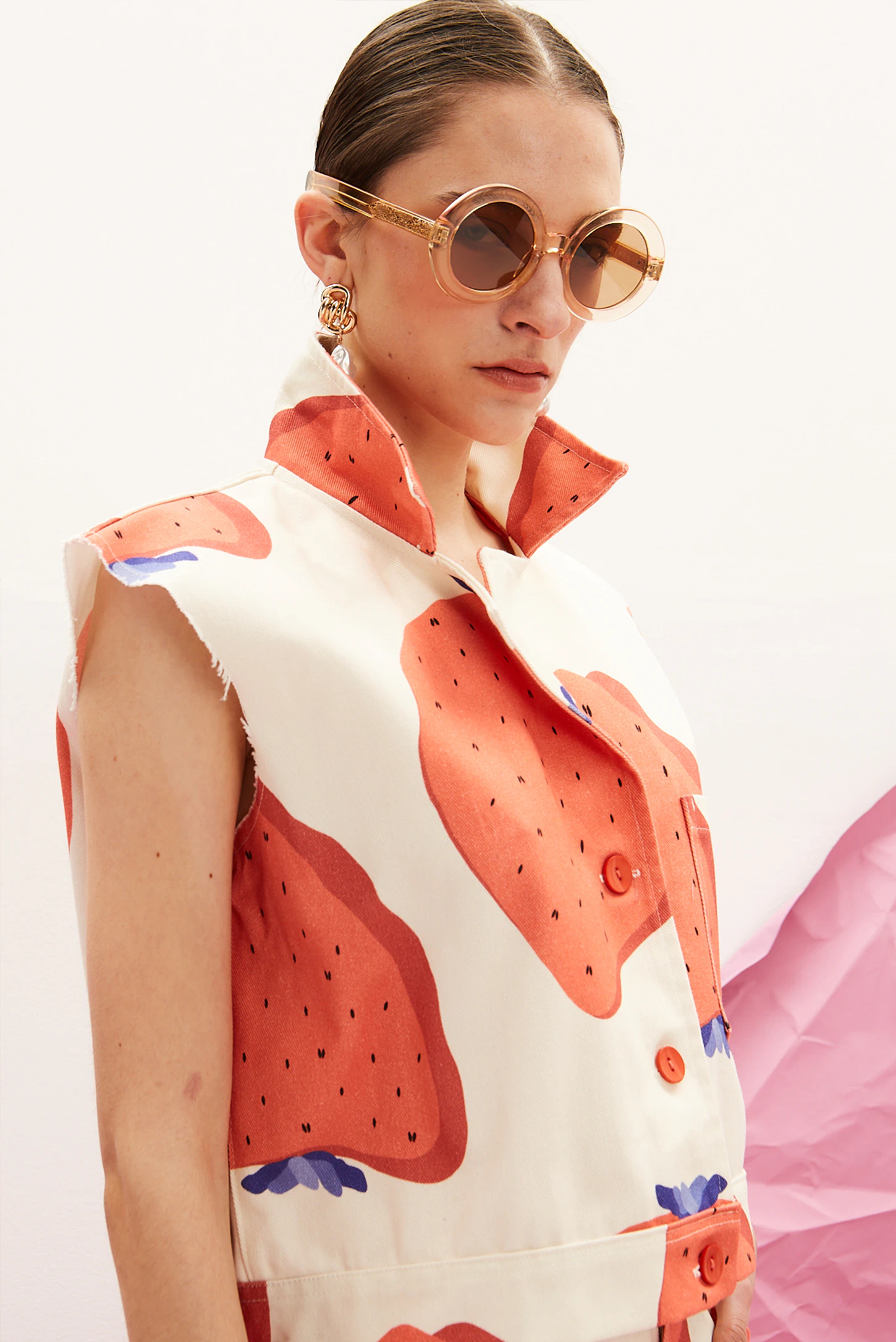 denim vest strawberry print women the norm fraise front