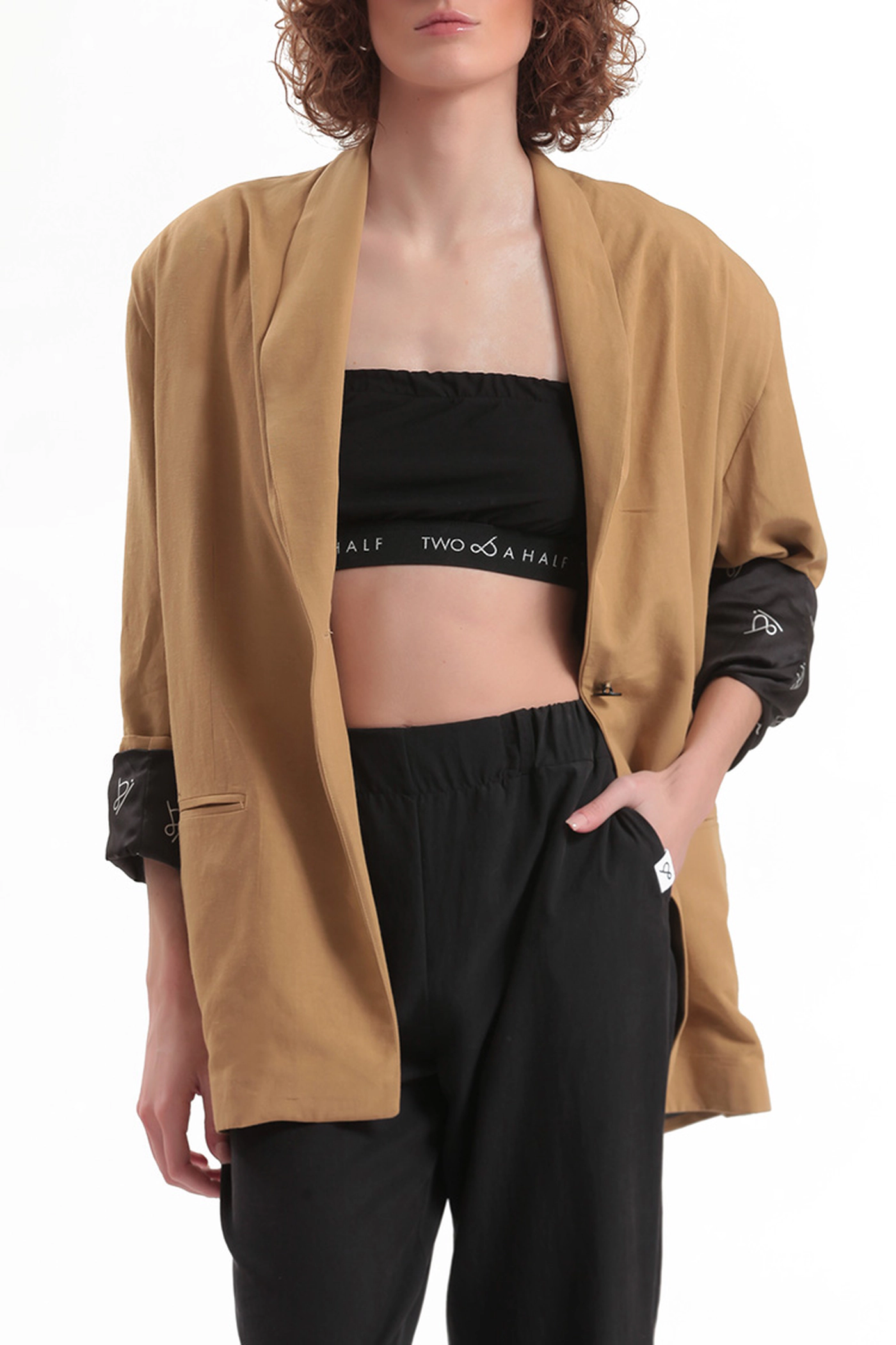 beige oversized blazer women two and a half arlo front open