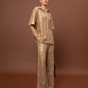 wide leg knitted pants beige gold women we are side