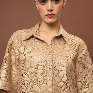 oversized knitted shirt beige gold women we are front