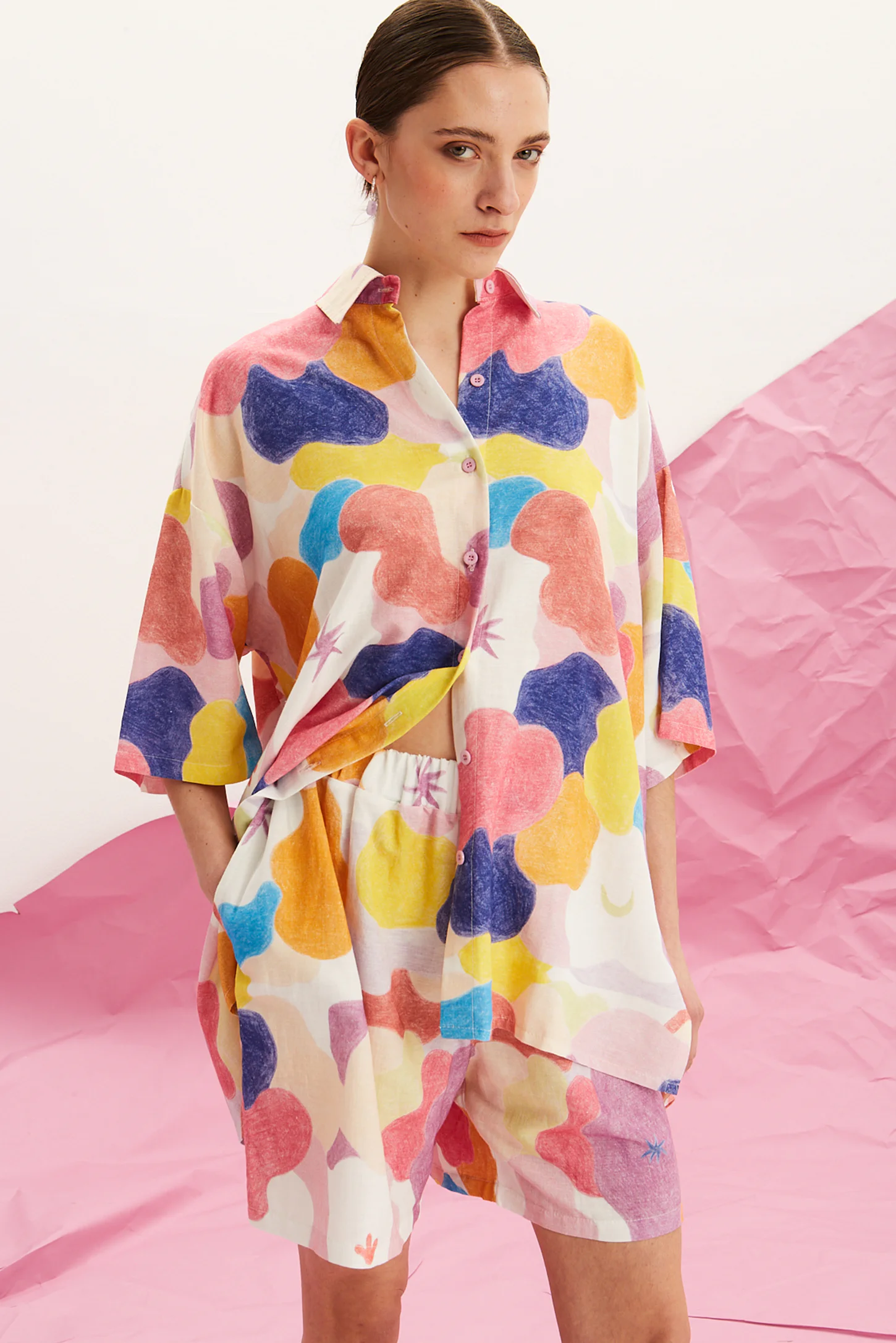 chromatique linen shirt multicolor with matching shorts women The Norm front outfit