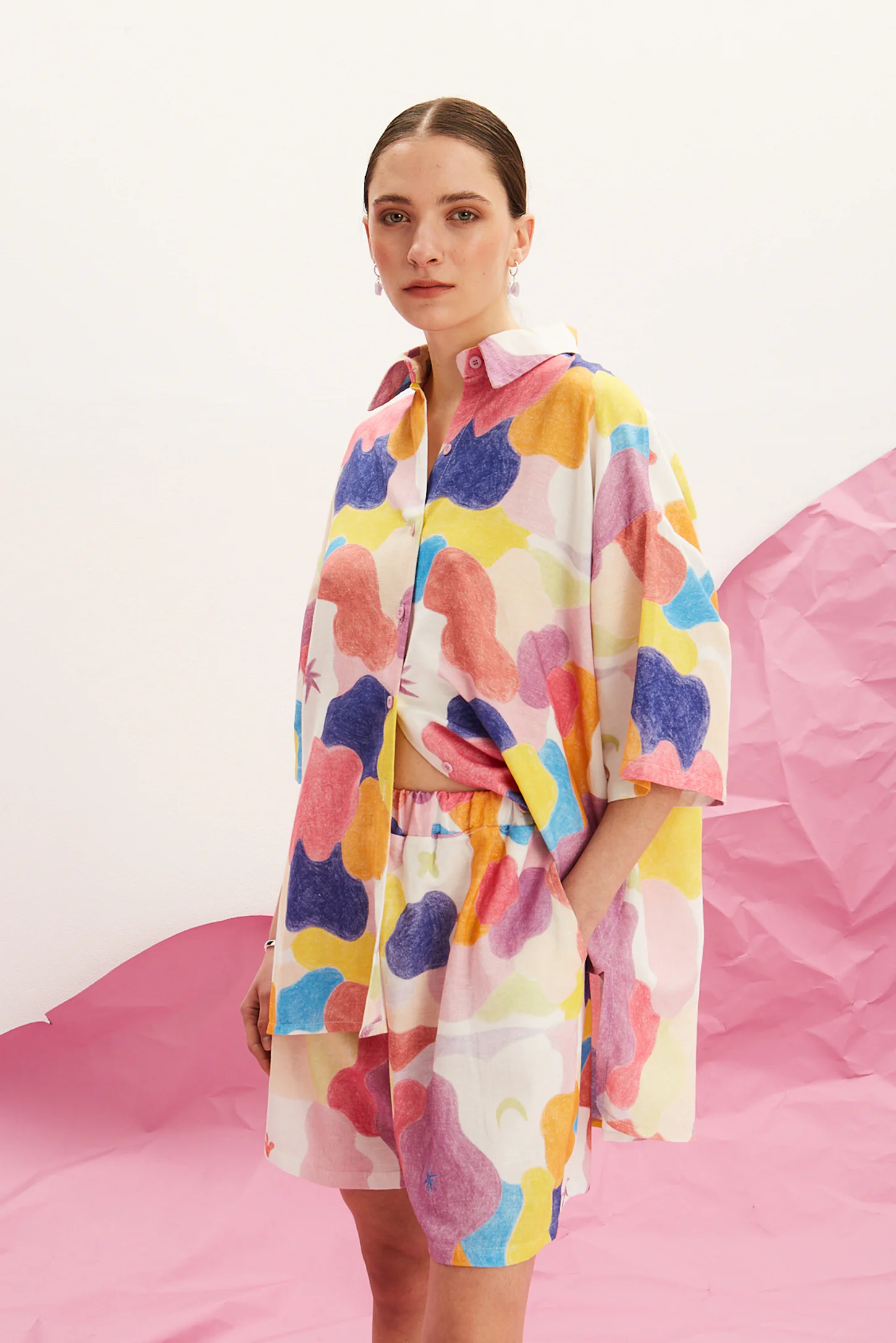artistic oversized linen shirt with matching chromatique shorts women The Norm side view