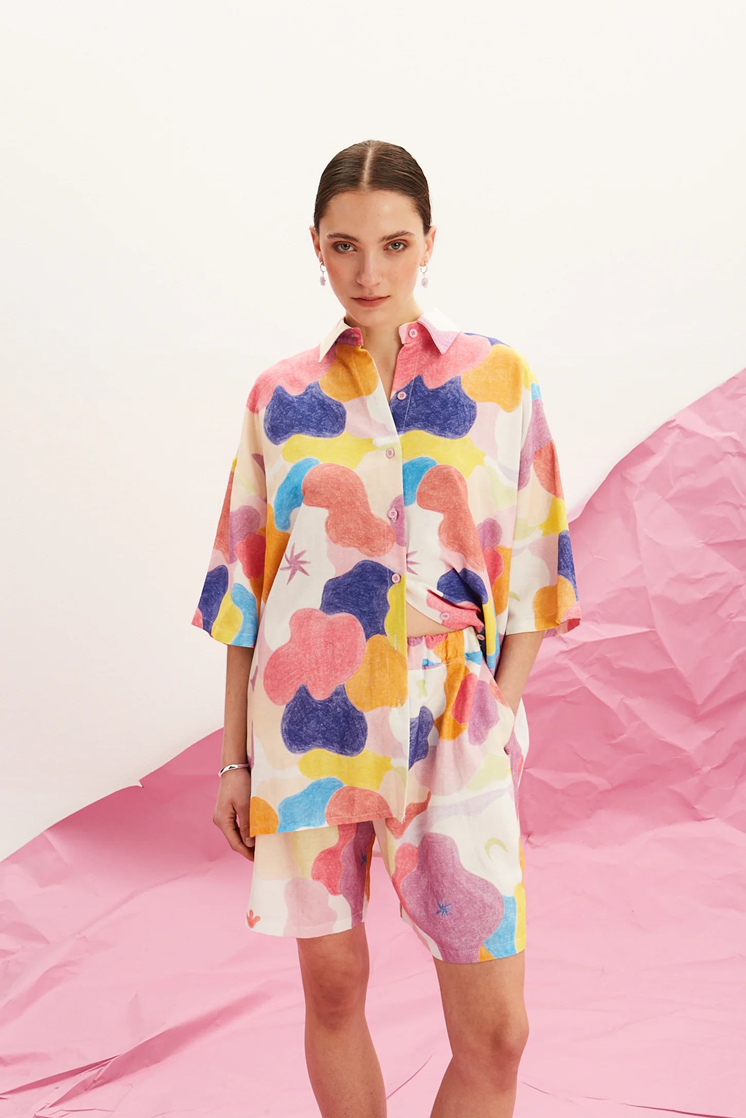 oversized multicolor linen shirt with matching shorts women The Norm profile view