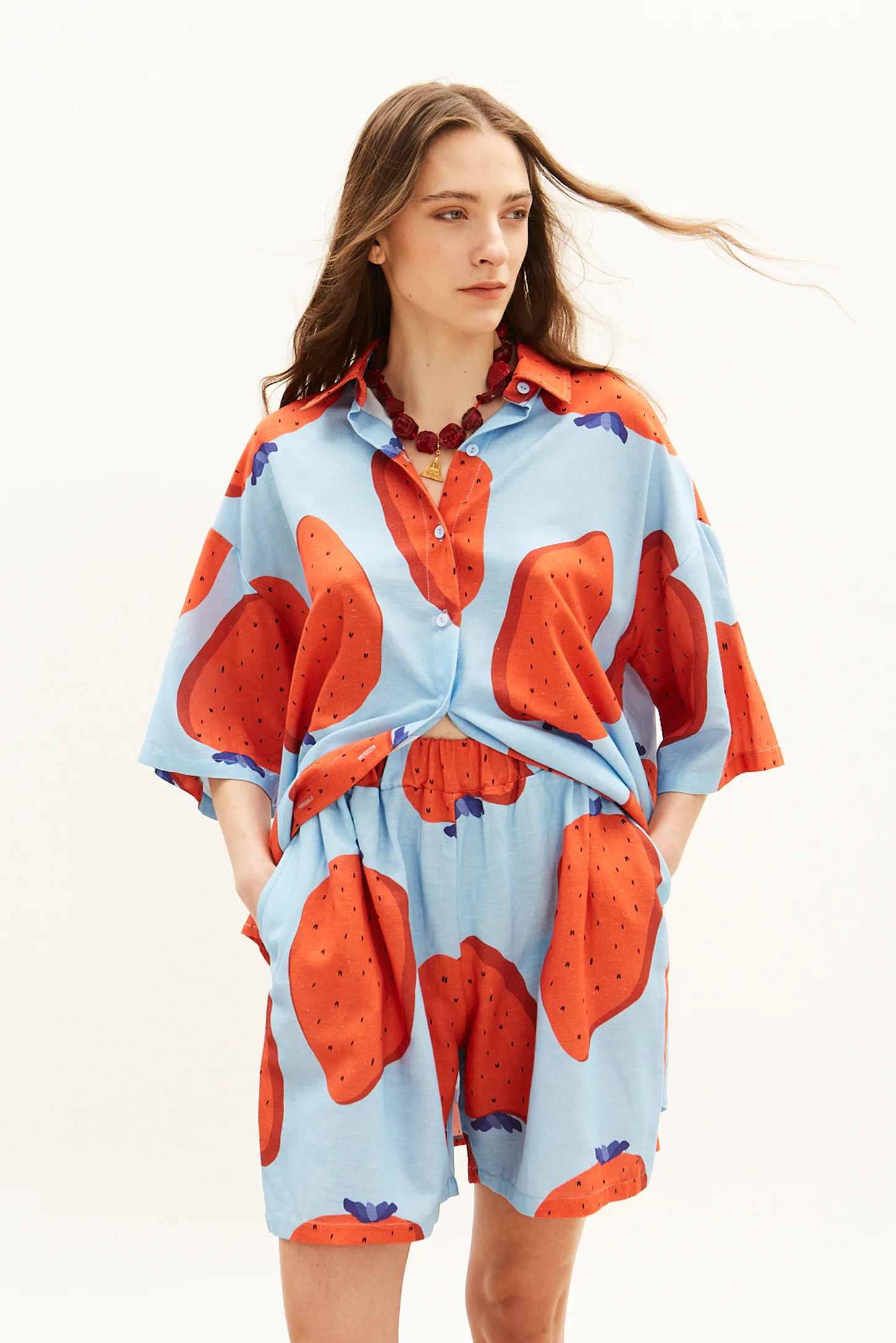 blue oversized fraise linen shirt with matching shorts women The Norm front view