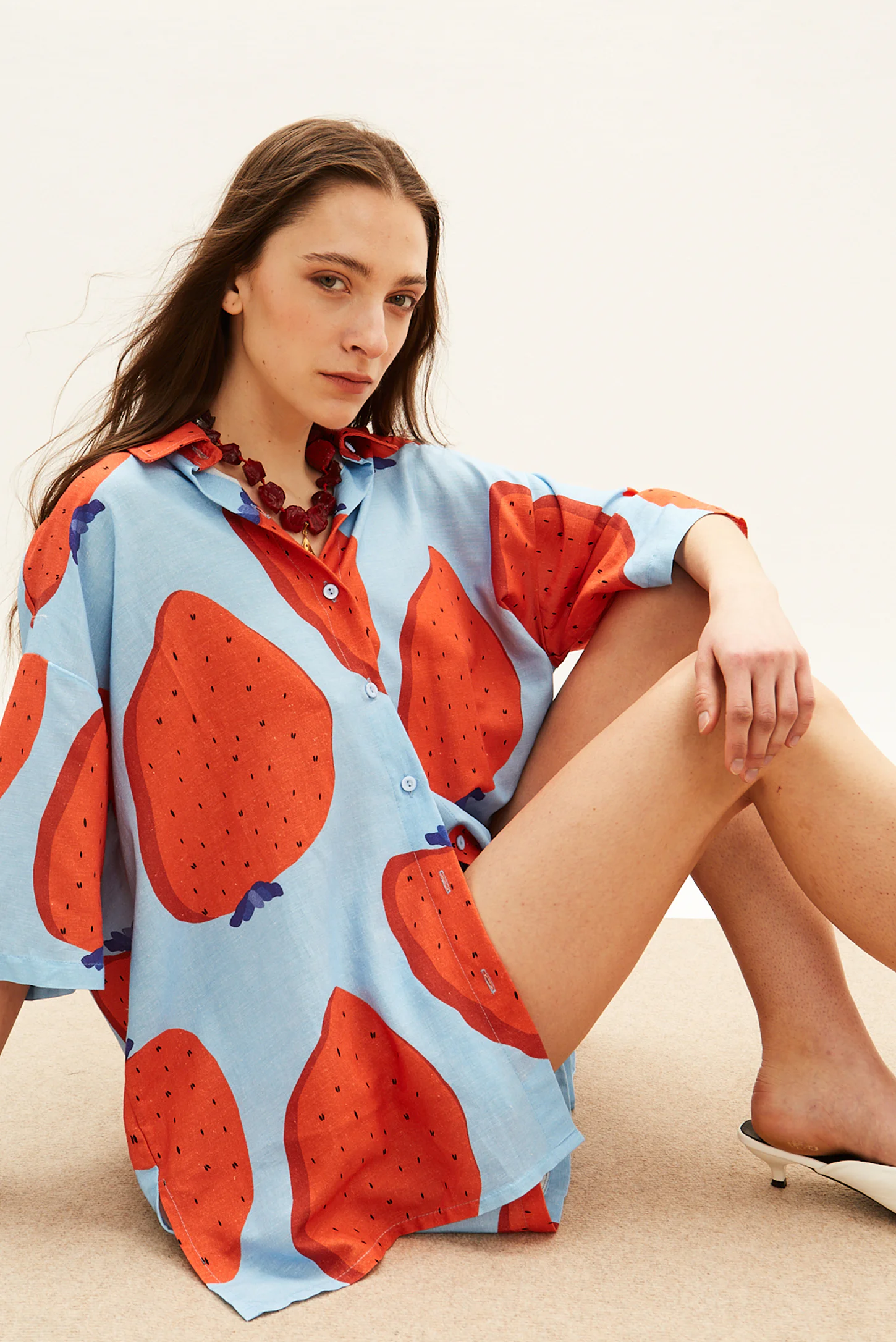 oversized blue fraise print linen shirt with matching shorts women The Norm editorial look
