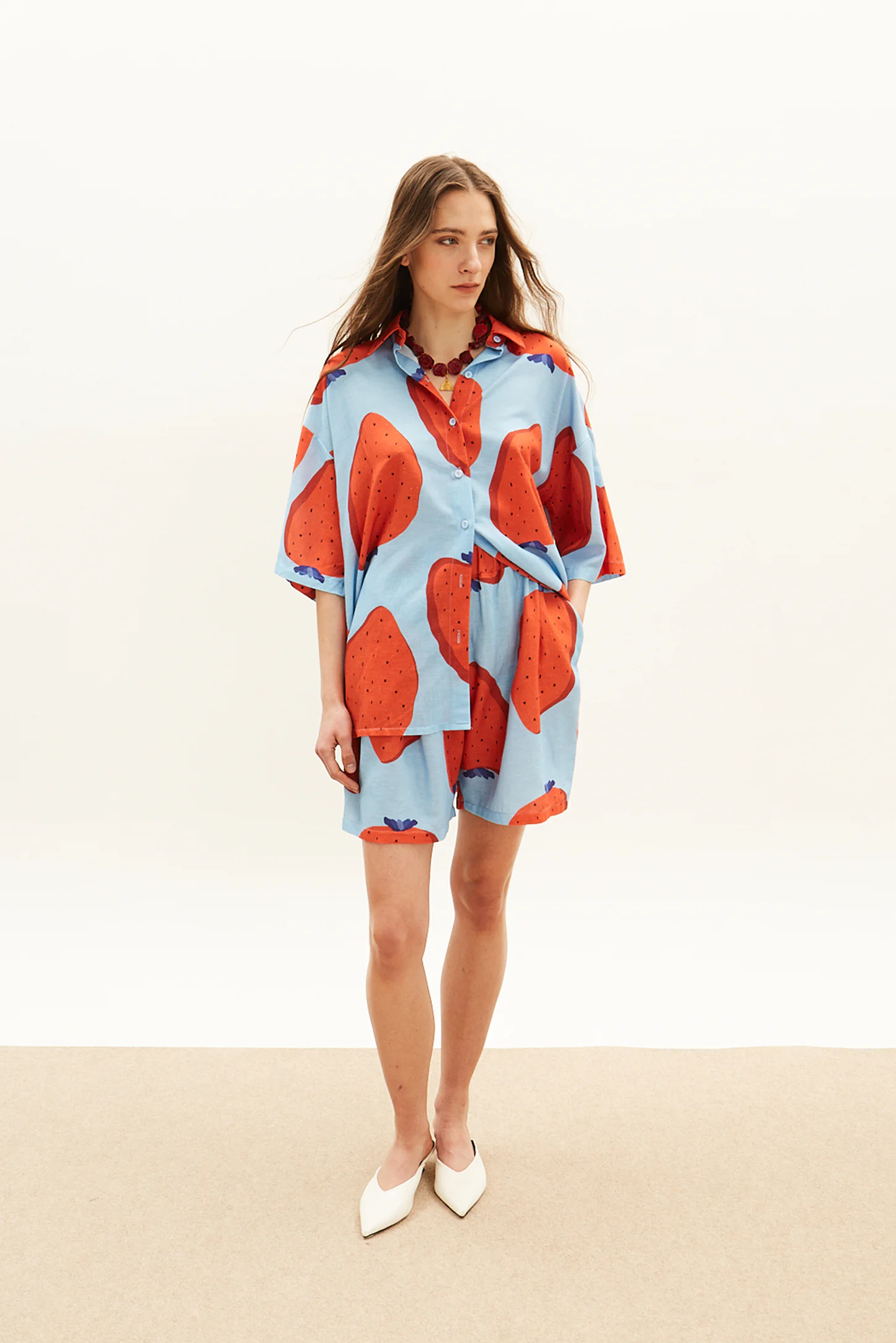 oversized linen shirt blue with strawberry print and matching shorts women The Norm full body