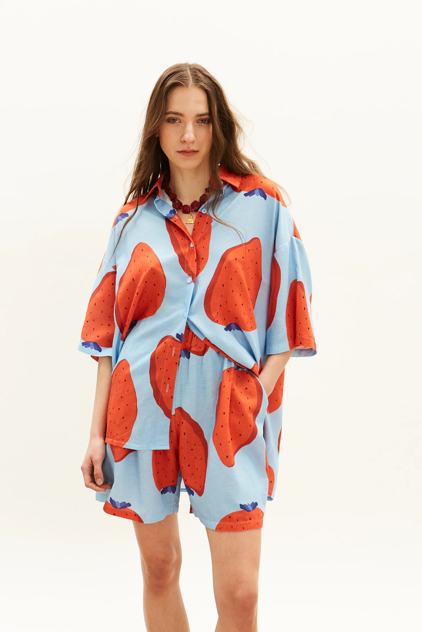 oversized blue linen shirt with fraise print and matching shorts women The Norm front close view