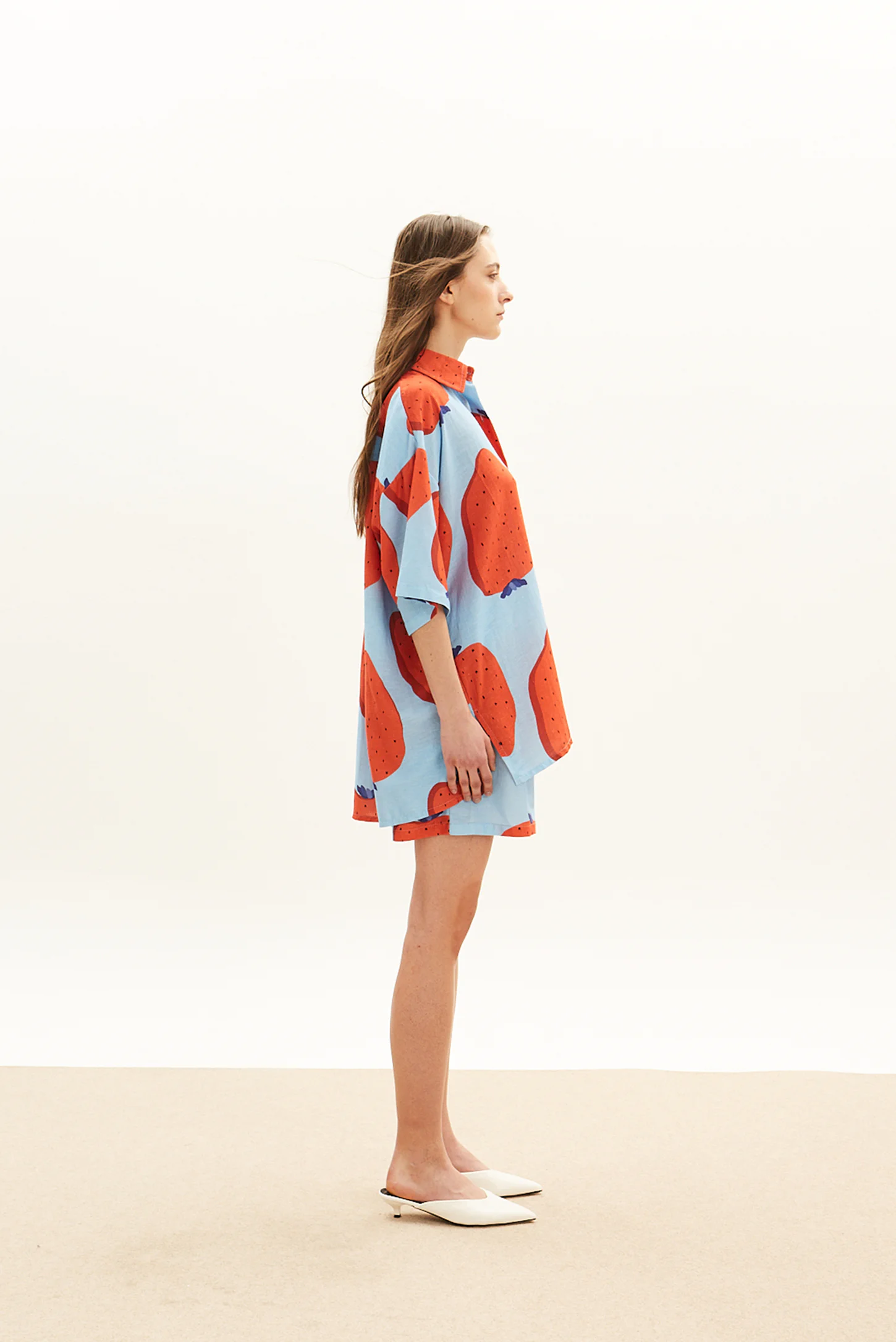 oversized linen shirt with strawberry print and matching shorts women The Norm side view