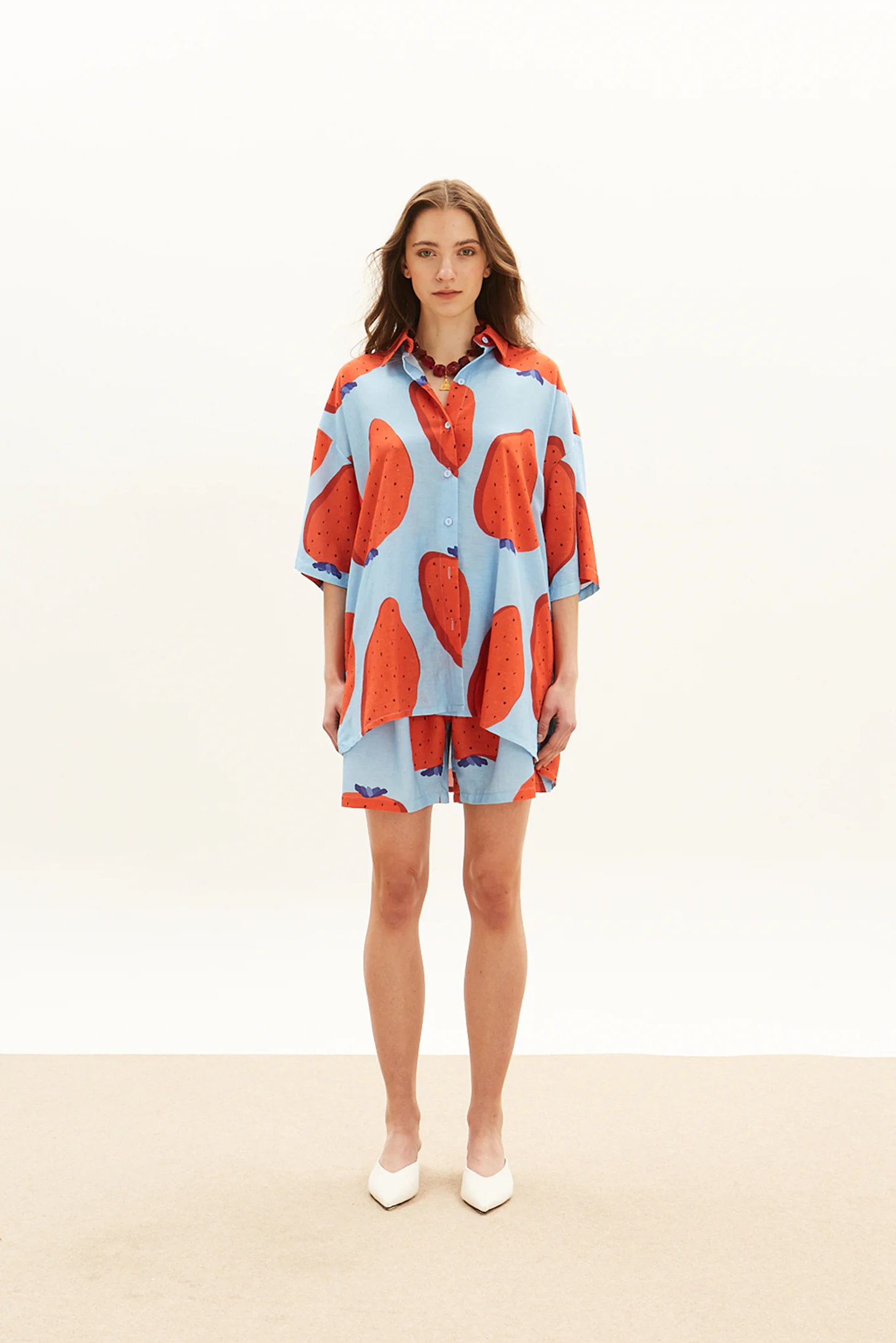 oversized blue linen shirt with fraise print and matching shorts women The Norm front outfit