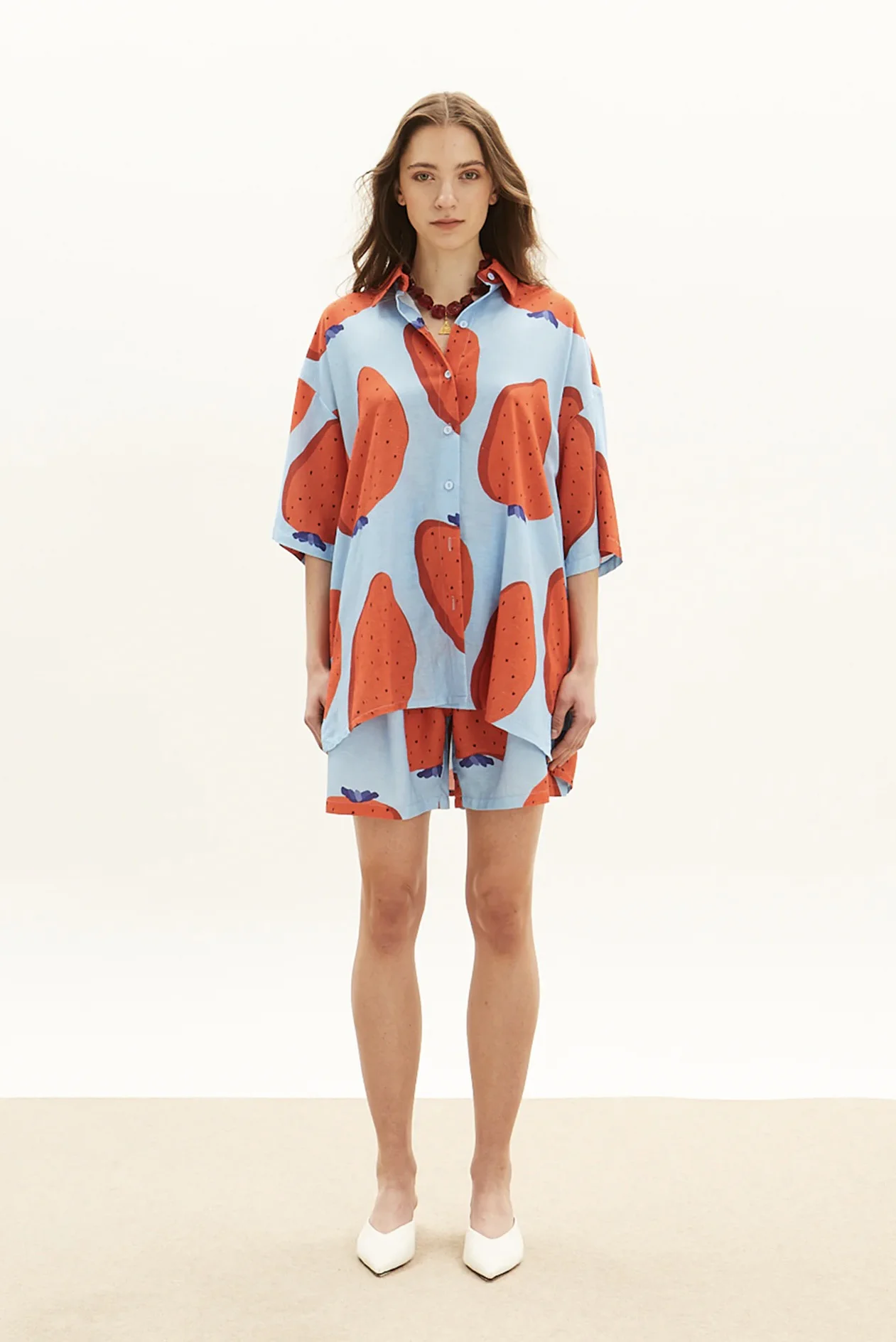 oversized blue linen shirt with fraise print and matching shorts women The Norm front outfit