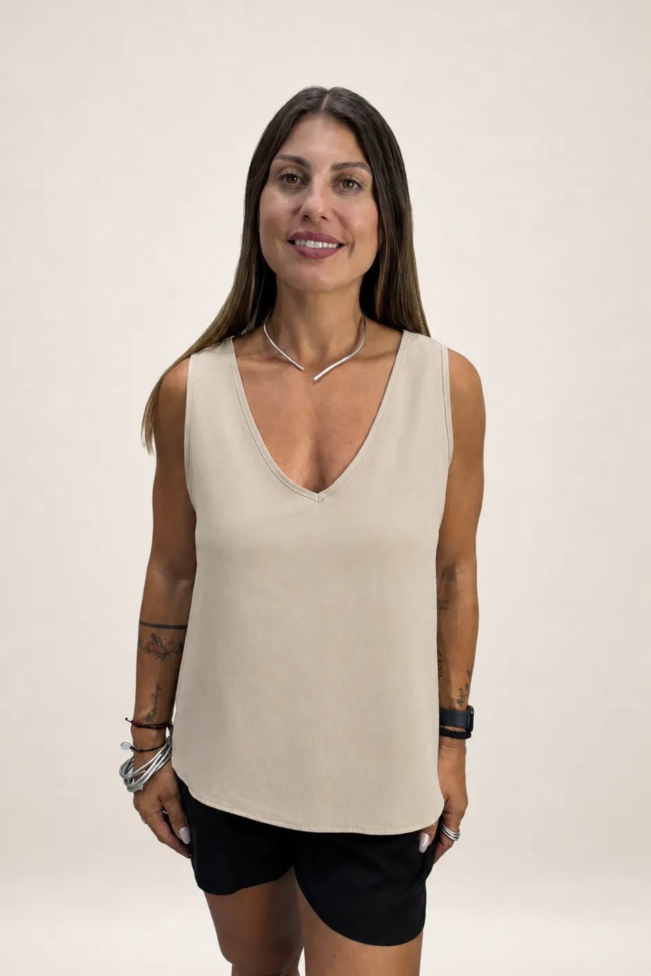 beige women's cupro sleeveless top Tag Modest Clothing Dolores Top front
