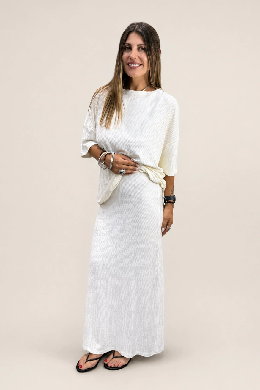 white knit oversized women blouse Tag Modest Clothing Aura outfit with Aluna Skirt