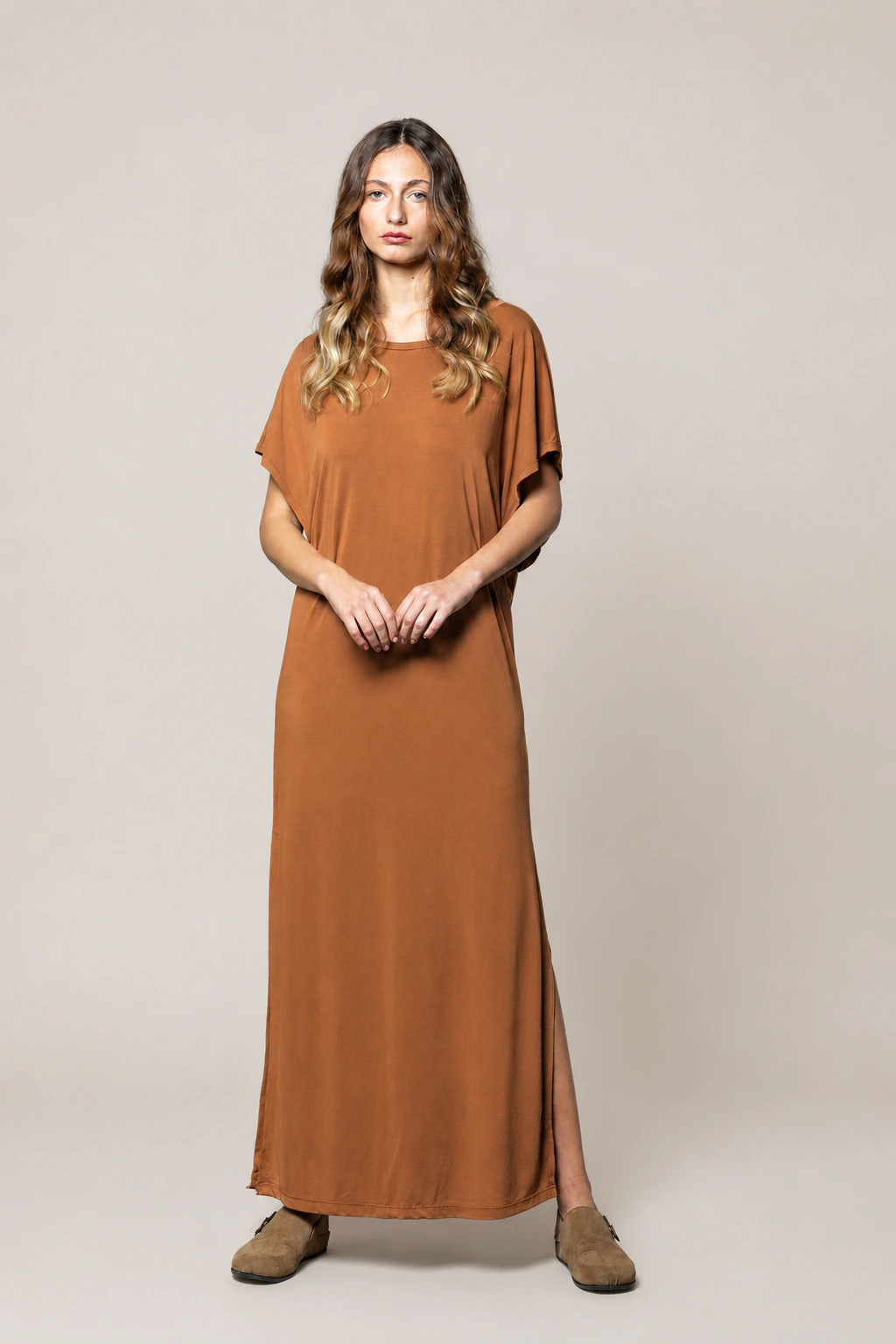 Tag Modest Clothing Berbet Dress Dusty Rose oversized cupro maxi dress front view