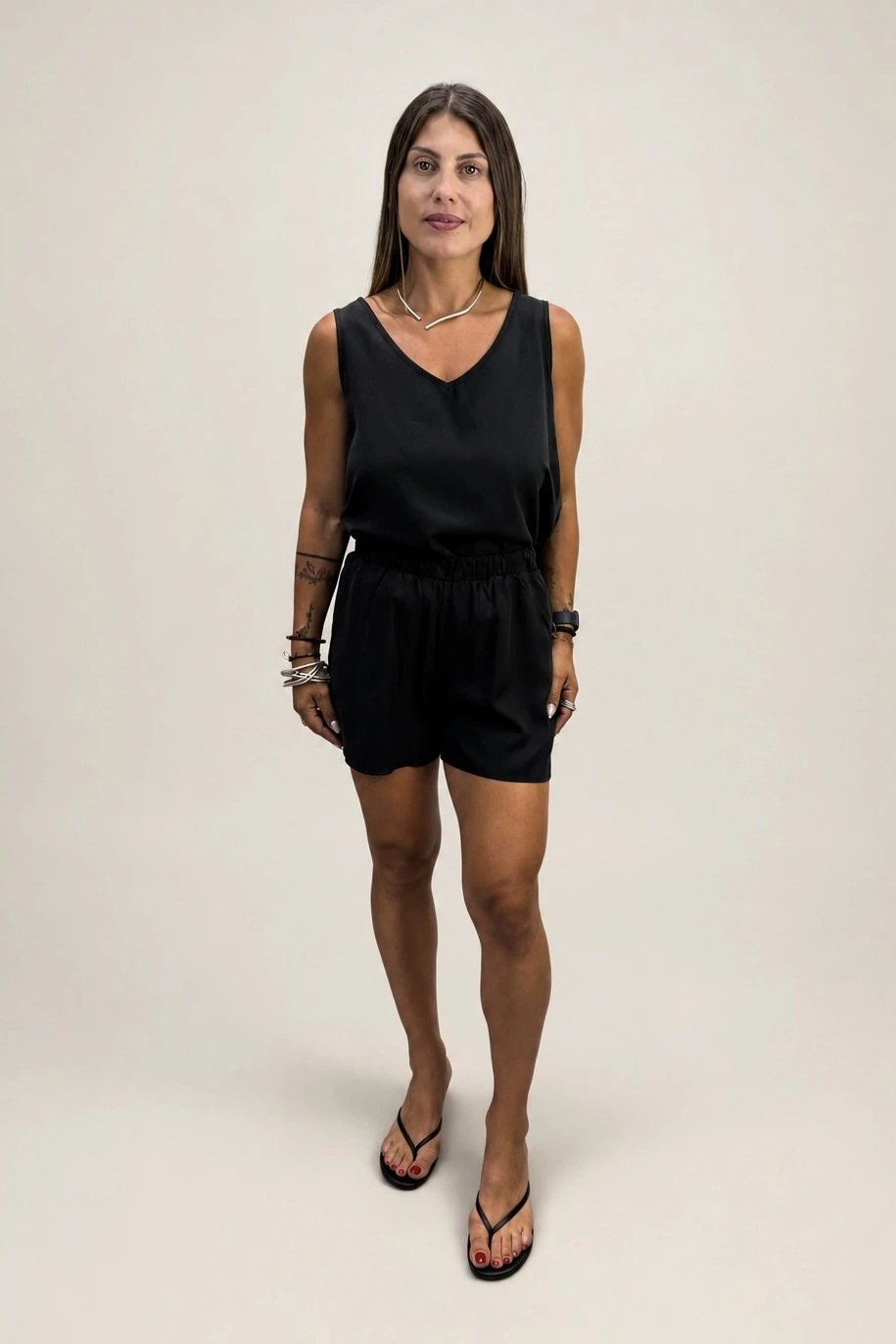 black women's cupro sleeveless top tucked in shorts Tag Modest Clothing Dolores Top