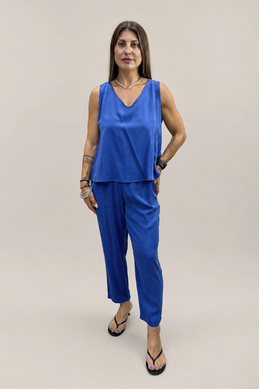 Tag Modest Clothing Levitha Pants Blue styled with Dolores Top front view