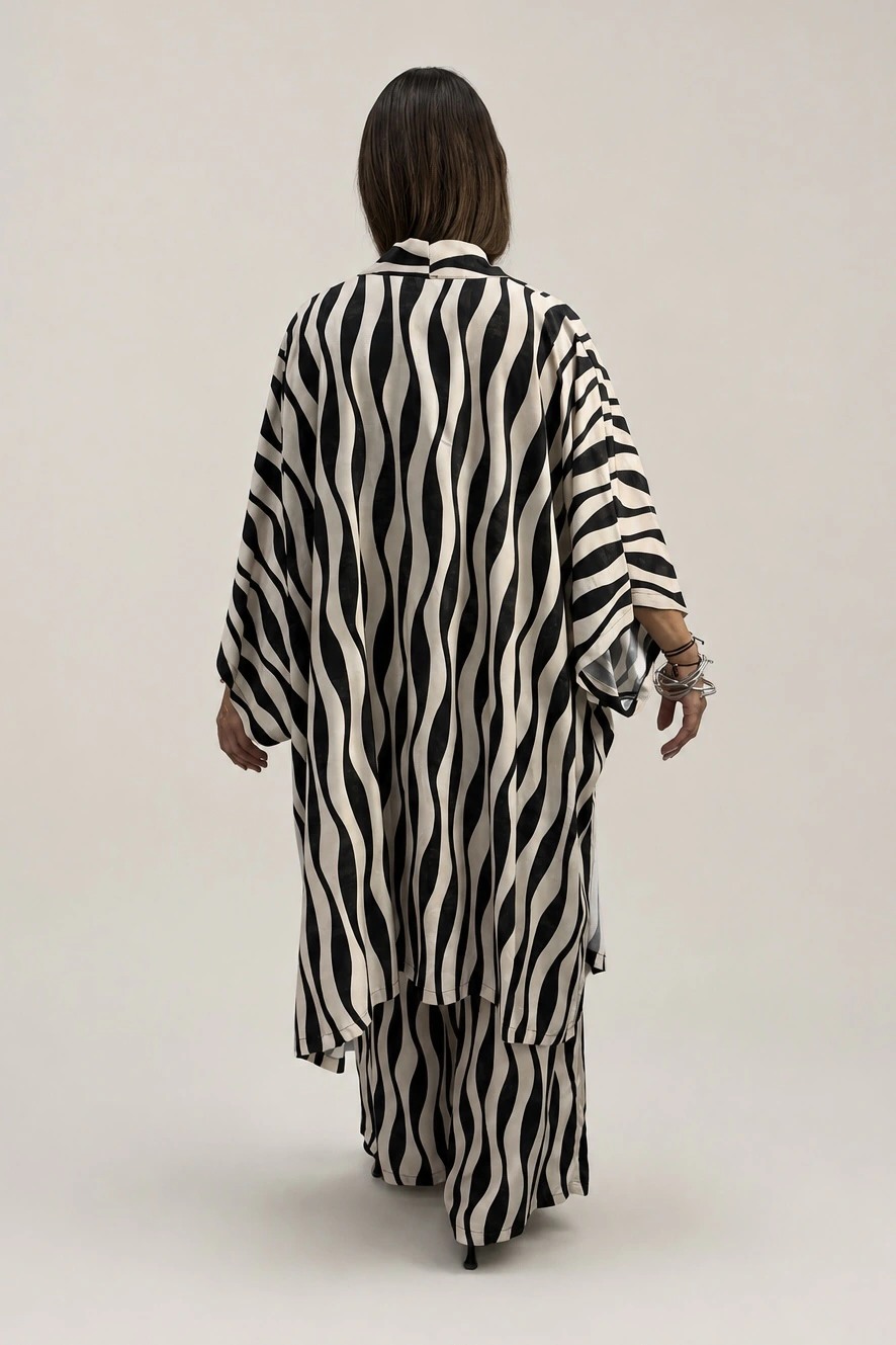 Tag Modest Clothing Polycaste Zebra Waves pants with Florida outerwear back view