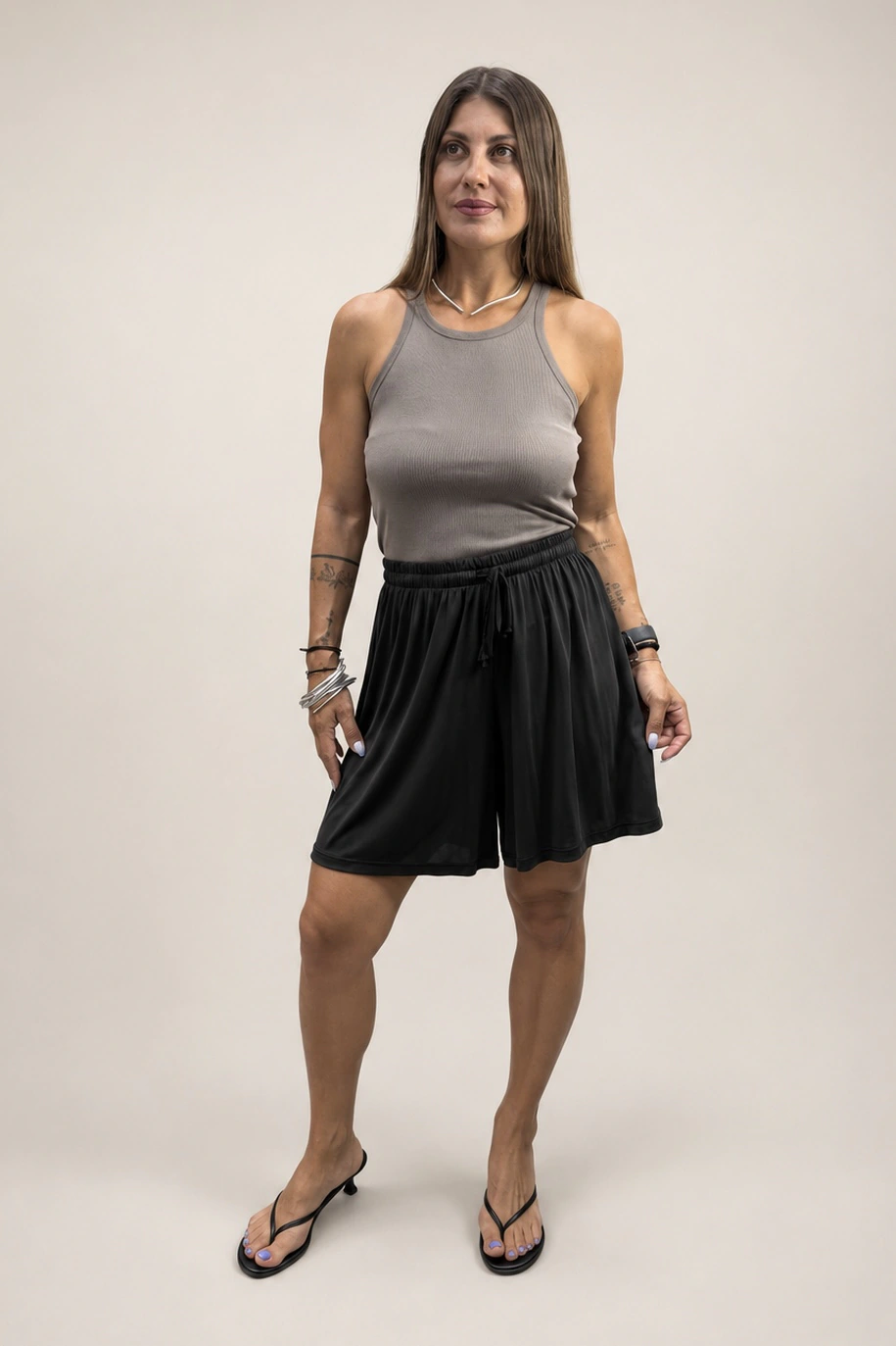 Tag Modest Clothing Heidi Shorts Black cupro shorts front view