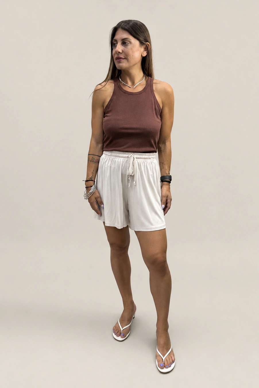 Tag Modest Clothing Heidi Shorts Ecru cupro shorts front view
