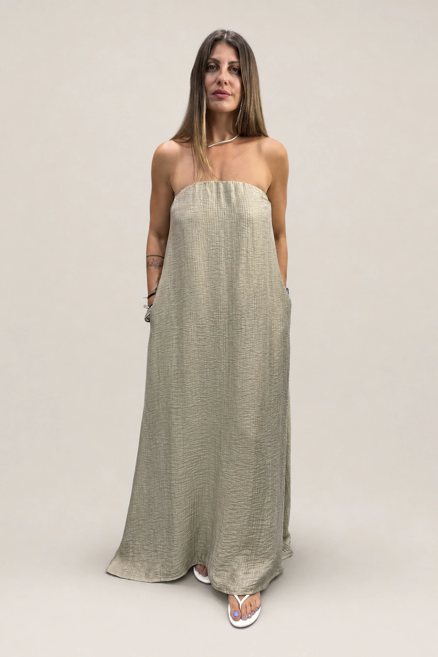 Tag Modest Clothing Ophelia Dress Gold strapless maxi dress front view