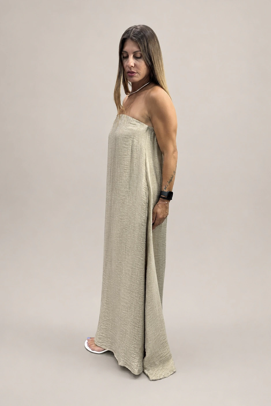 Tag Modest Clothing Ophelia Dress Gold strapless maxi dress side view