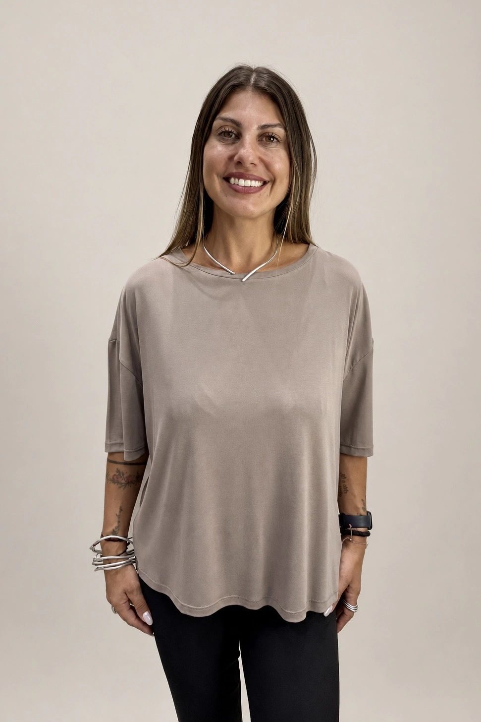 grey oversized cupro top Tag Modest Clothing Pilar Top front