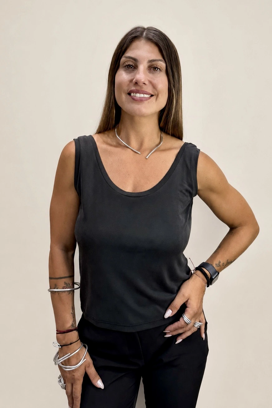 Black women's cupro sleeveless top Tag Modest Clothing Soma Top front