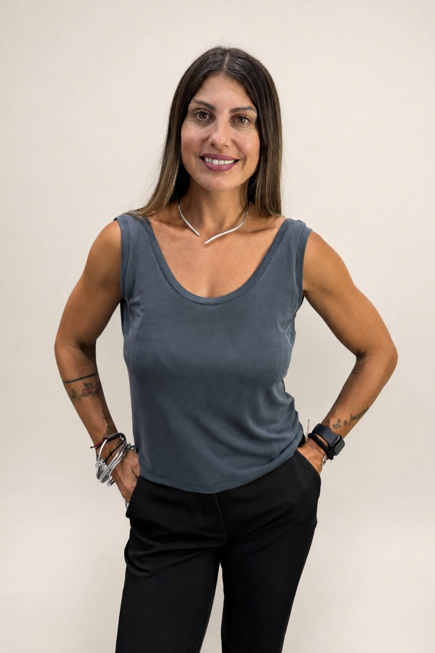 Front view of charcoal women's cupro tank top by Tag Modest Clothing Soma Top