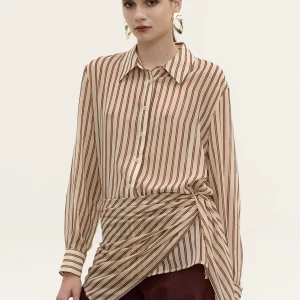 striped wrap shirt beige burgundy women Innocent Adele front detail view