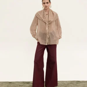 striped wrap shirt beige burgundy women Innocent Adele front full view