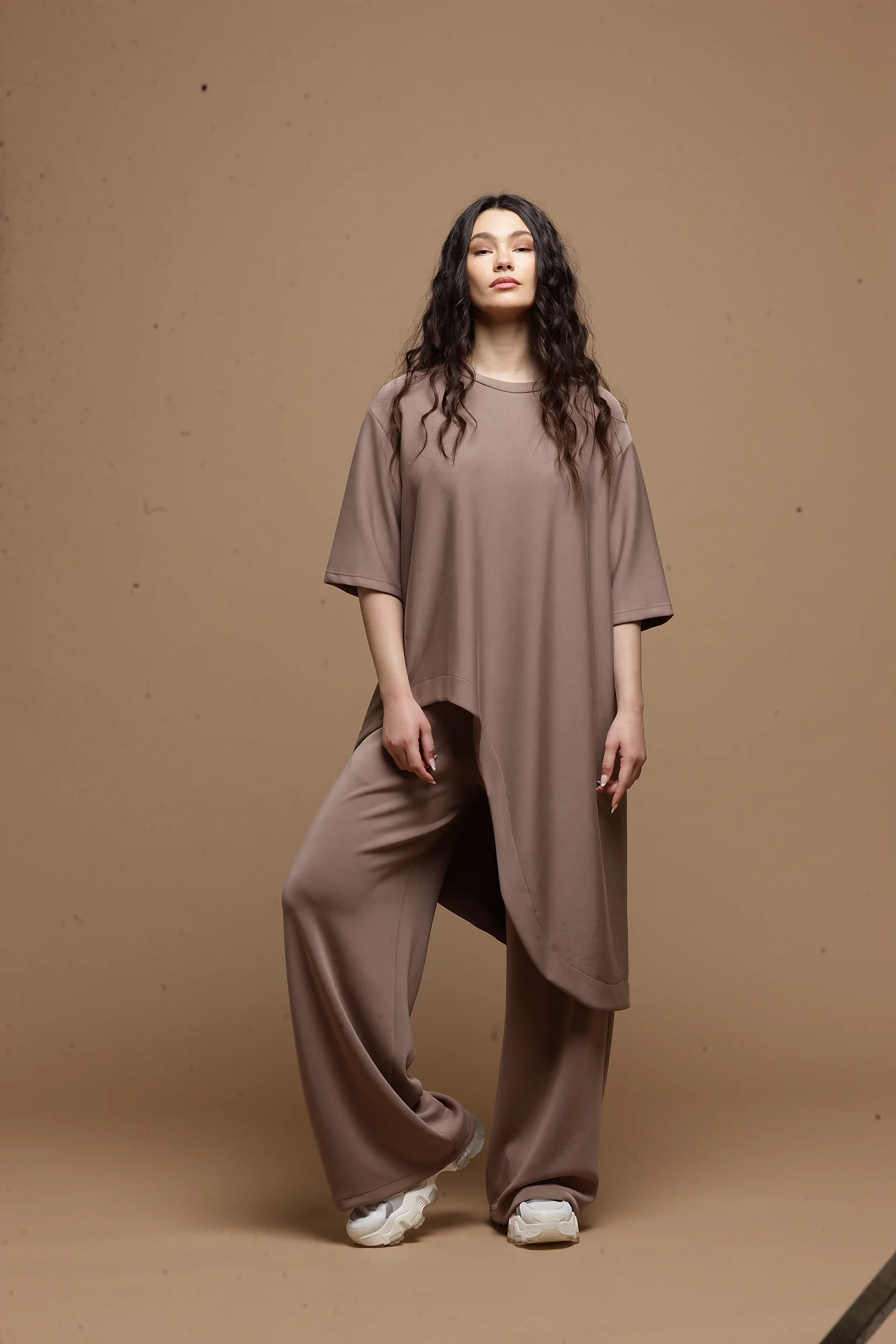 asymmetric warm taupe women top Tag Modest Clothing Fela Top front view