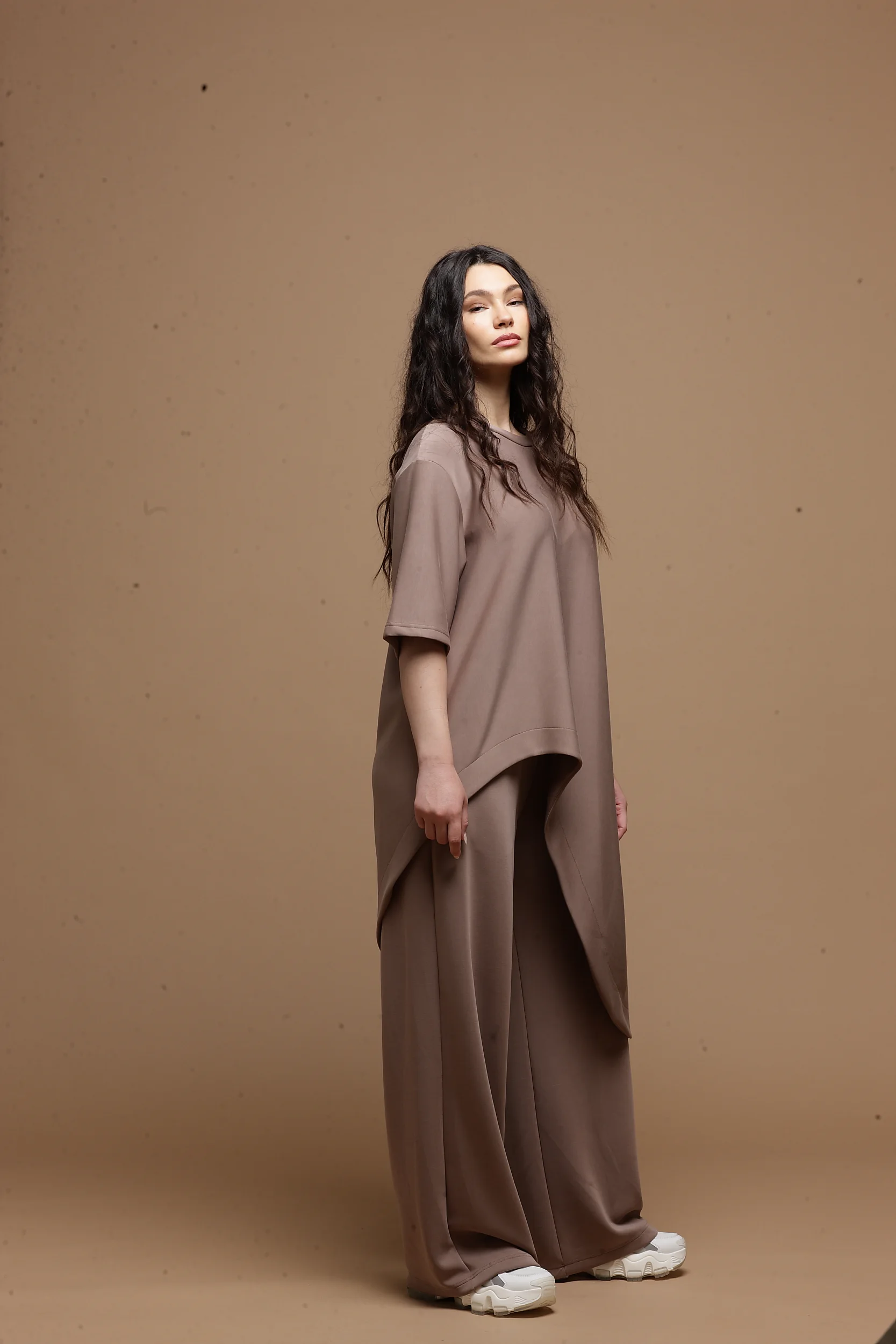 asymmetric warm taupe women top Tag Modest Clothing Fela Top side view