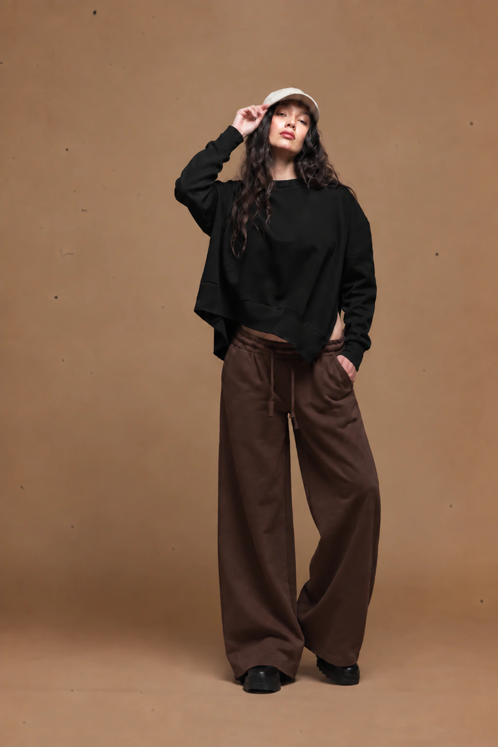 chocolate wide leg pants women Tag Modest Clothing Paoulo Pants front view