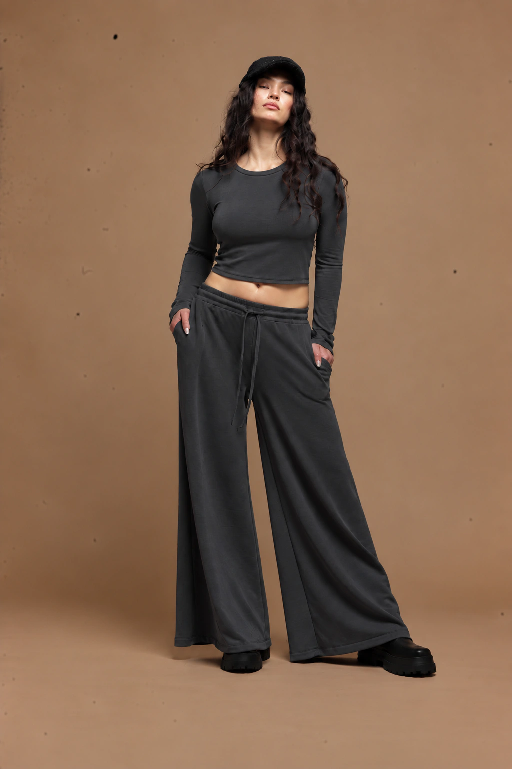 wide leg charcoal pants women Tag Modest Clothing Paullo Pants front view