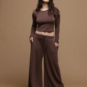 wide leg chocolate pants women Tag Modest Clothing Paullo Pants front view