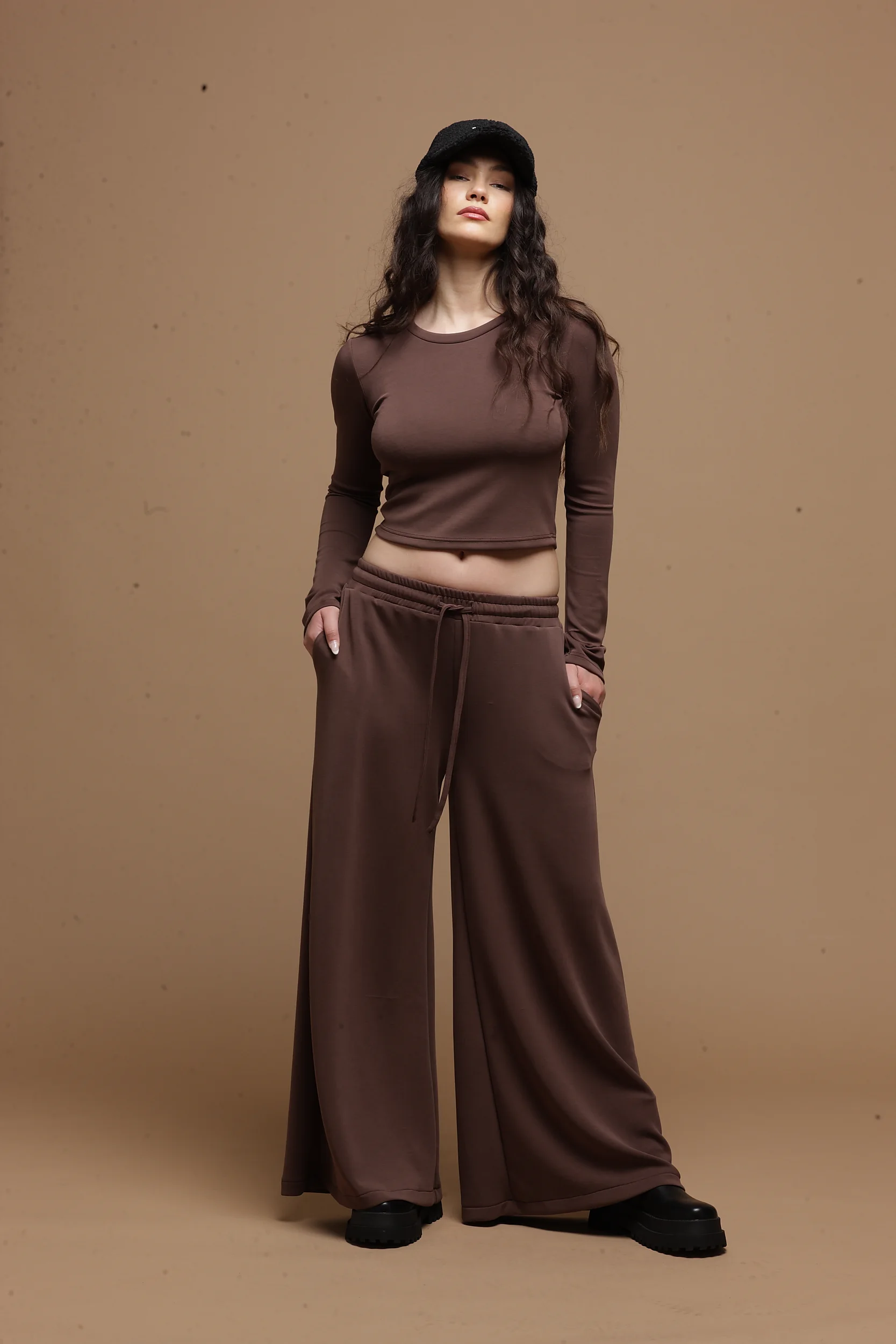 wide leg chocolate pants women Tag Modest Clothing Paullo Pants front view