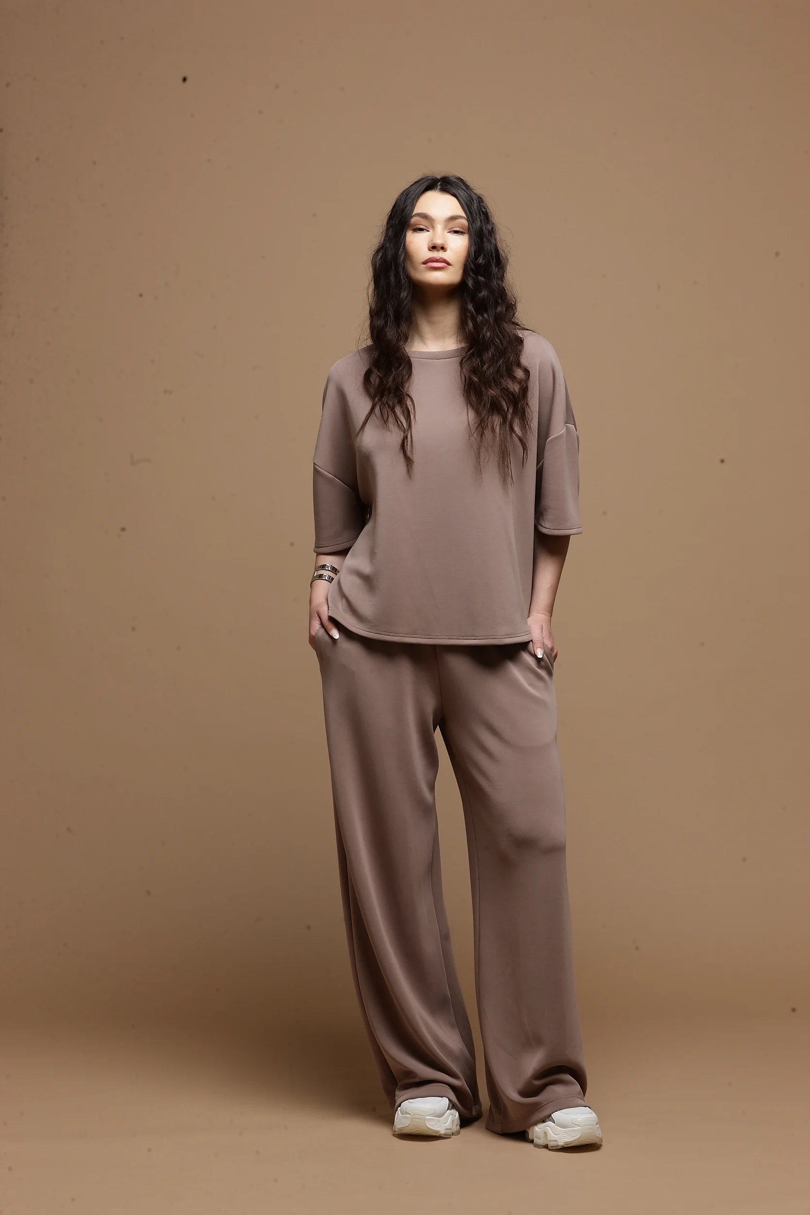 warm taupe women top Tag Modest Clothing Pilar Top front view