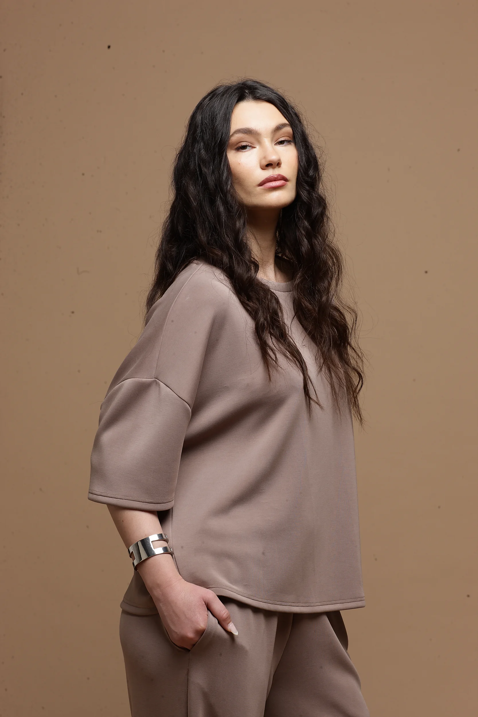 warm taupe women top Tag Modest Clothing Pilar Top side view